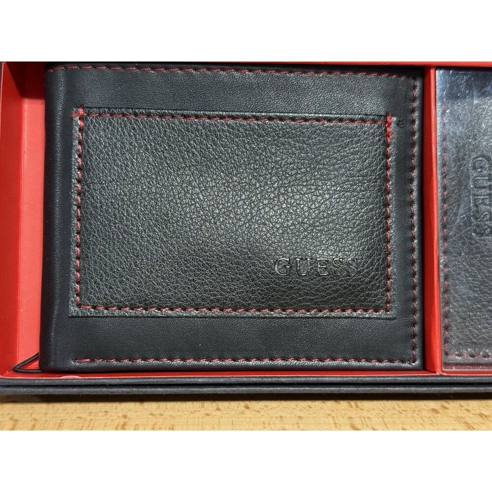 Rare- Guess Men’s Leather Wallet Bifold And Card Case Set Black NEW Gift Box